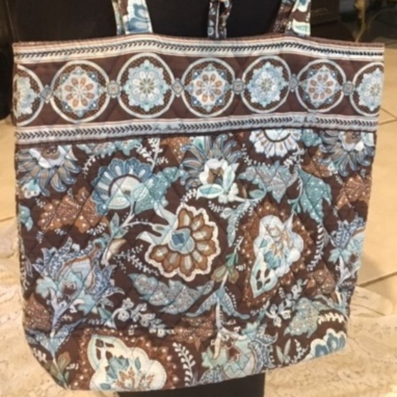 Vera Bradley Quilted Floral Shoulder Tote Travel Bag Brown Blue 13"x14" - Picture 2 of 16